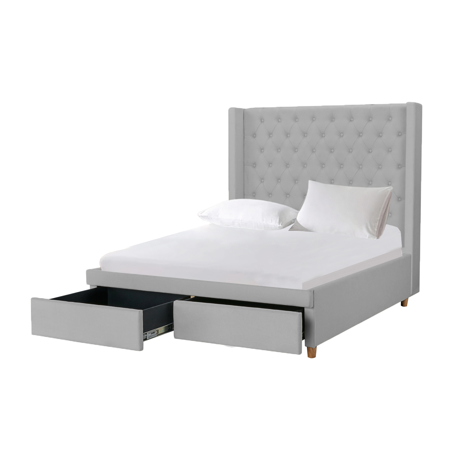 Appenzel Tufted Bed Frame Double with 2 Drawers (Light Gray)