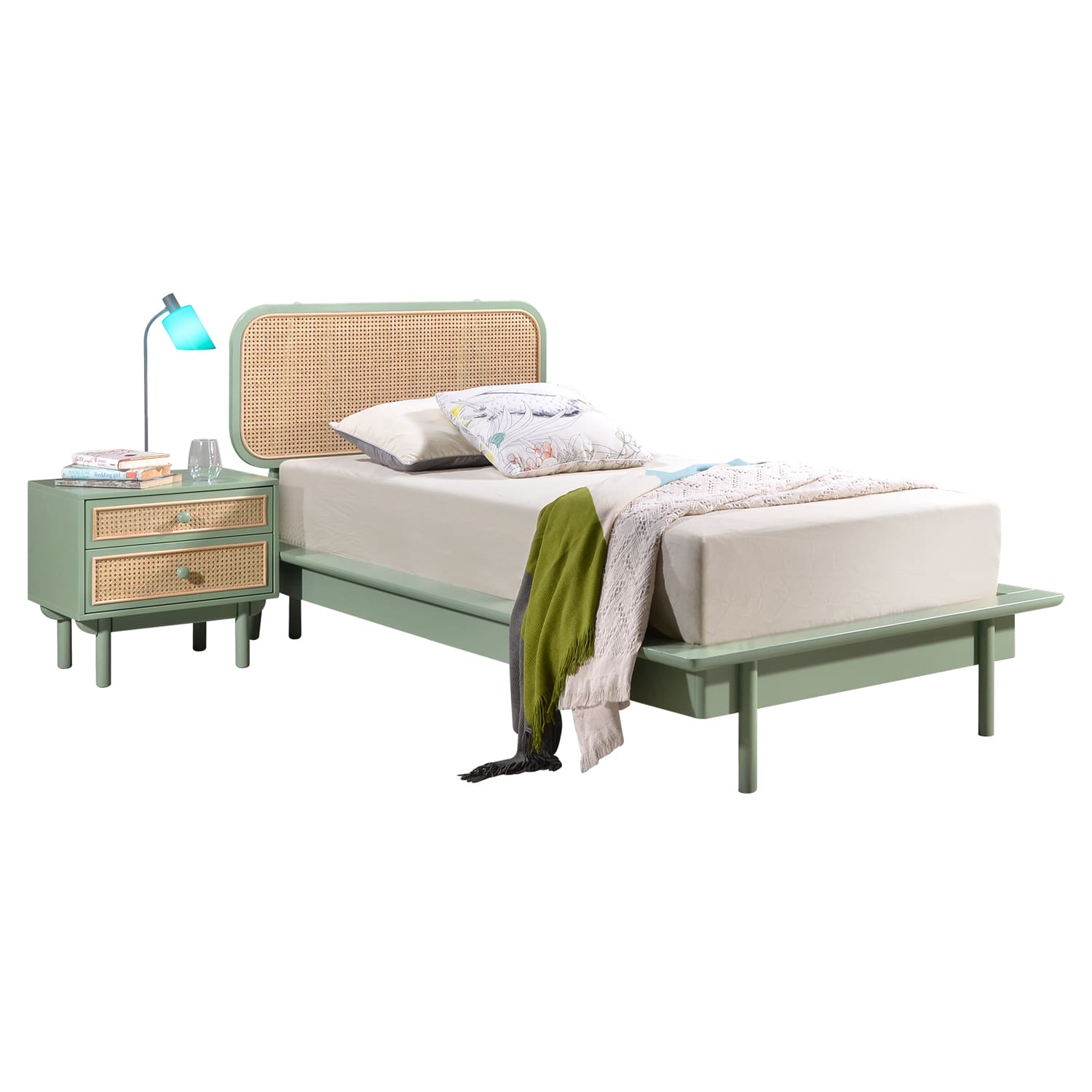 Chayal Rattan SemiSingle Bed (Sage GreenNatural) Furniture Source