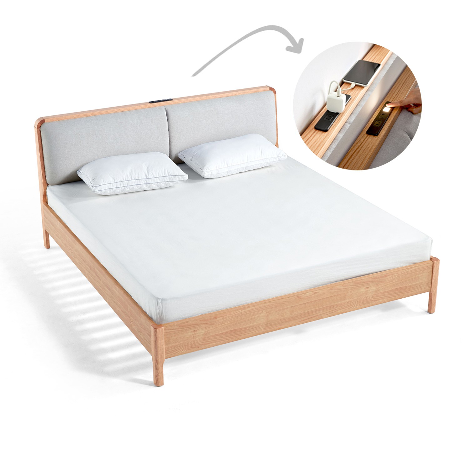 Flamma Queen Bed with Charger and Night Light (Oak)