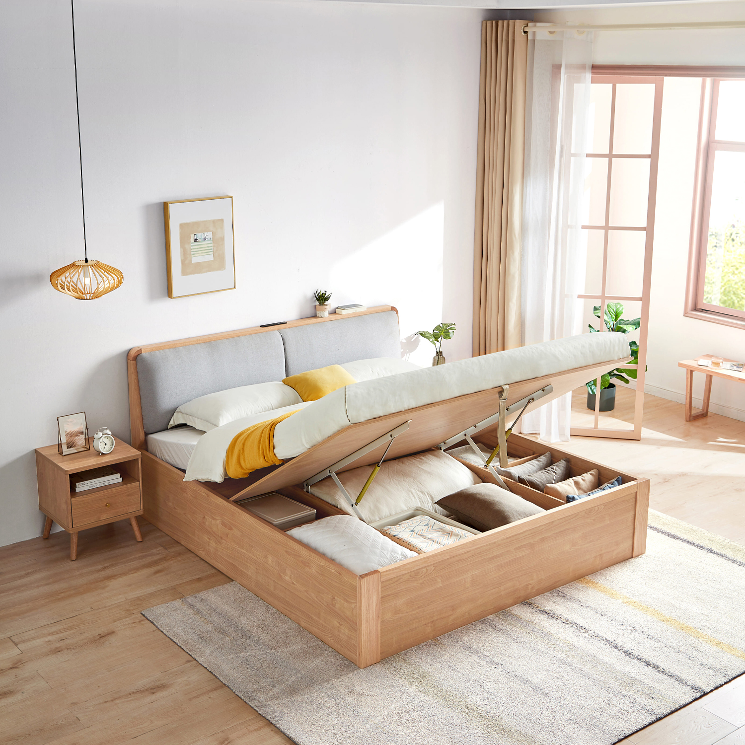 Flamma Ottoman Queen Bed with Charger and Night Light (Oak) Furniture