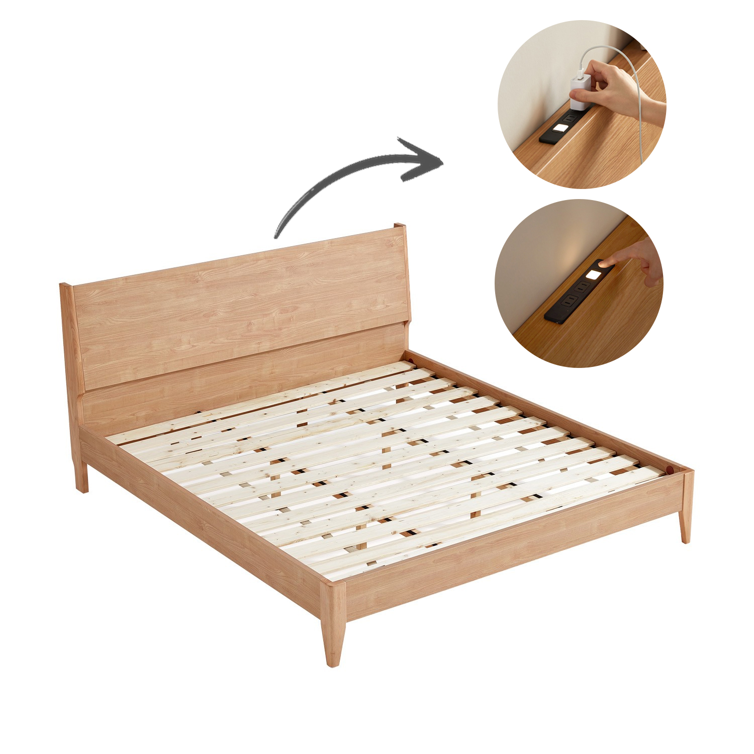Sandham Queen Bed with Charger and Night Light (Natural)