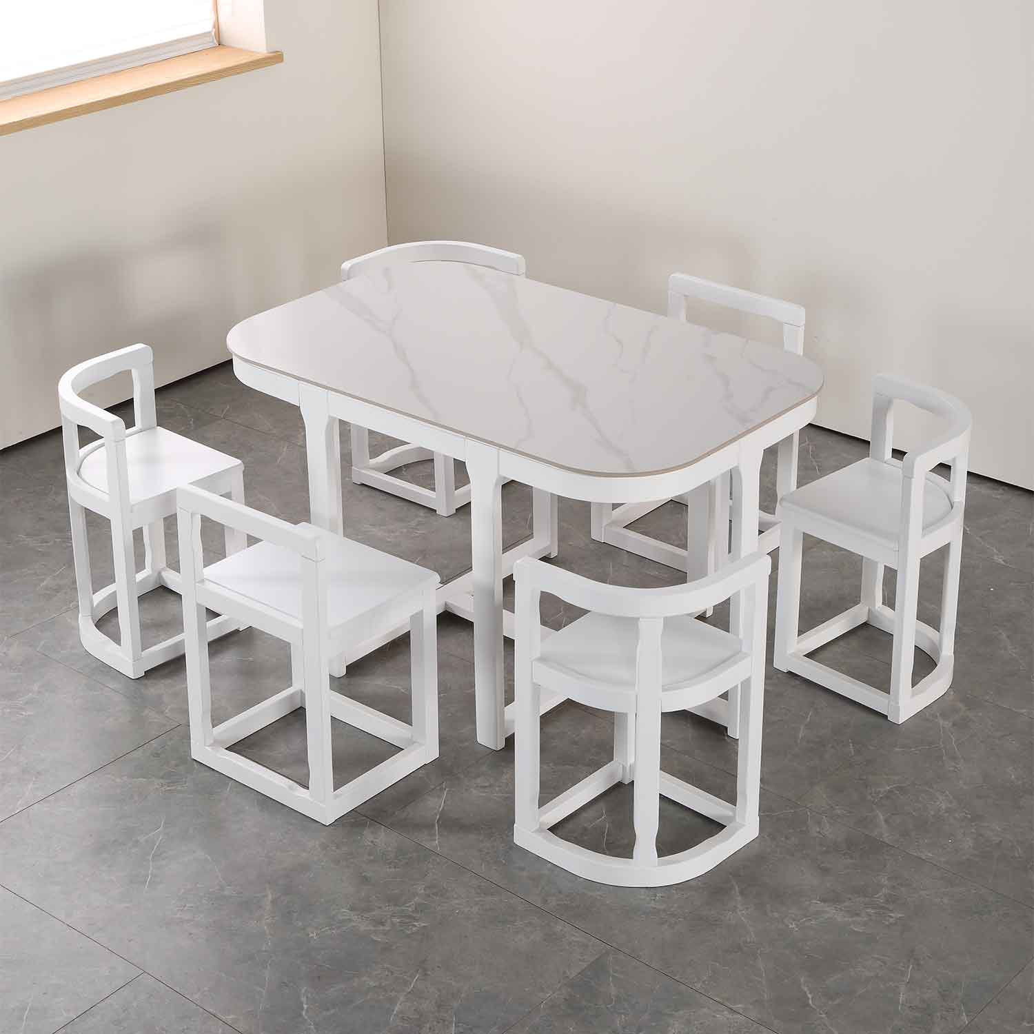 Grains Marble 6-Seater Space Saving Set (White-White)