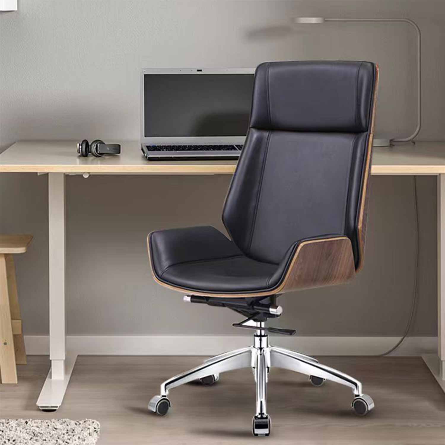 Dexterton Wood High Back Swivel Chair (Black Leatherette)