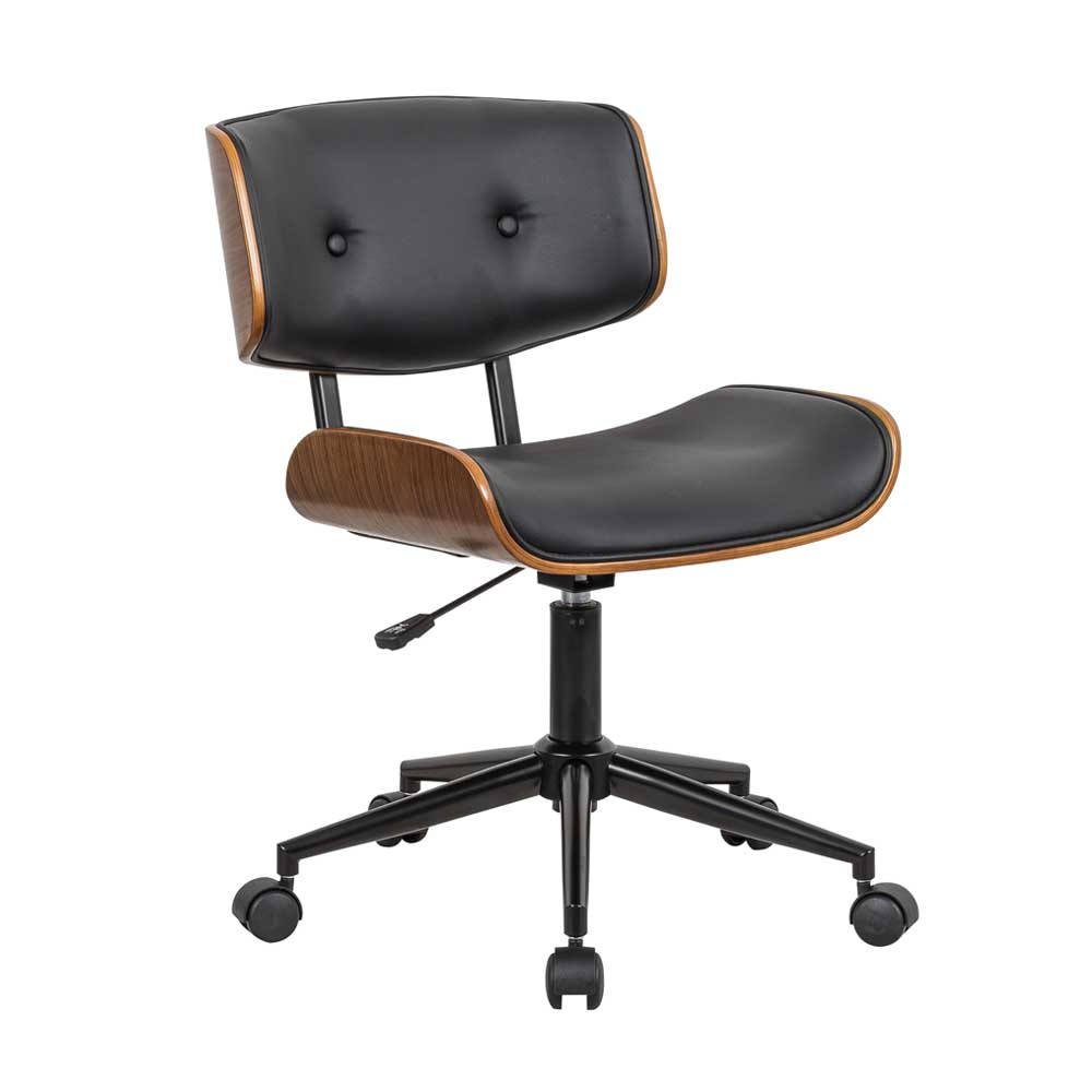 Dexman Wood Mid Back Swivel Chair (Walnut/Black Faux Leather)