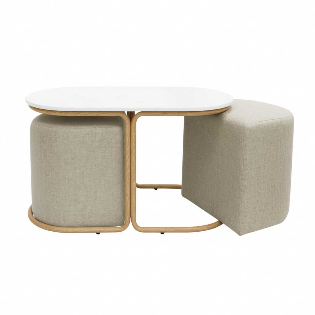 Grains Center Table with Stools (White-Beige)